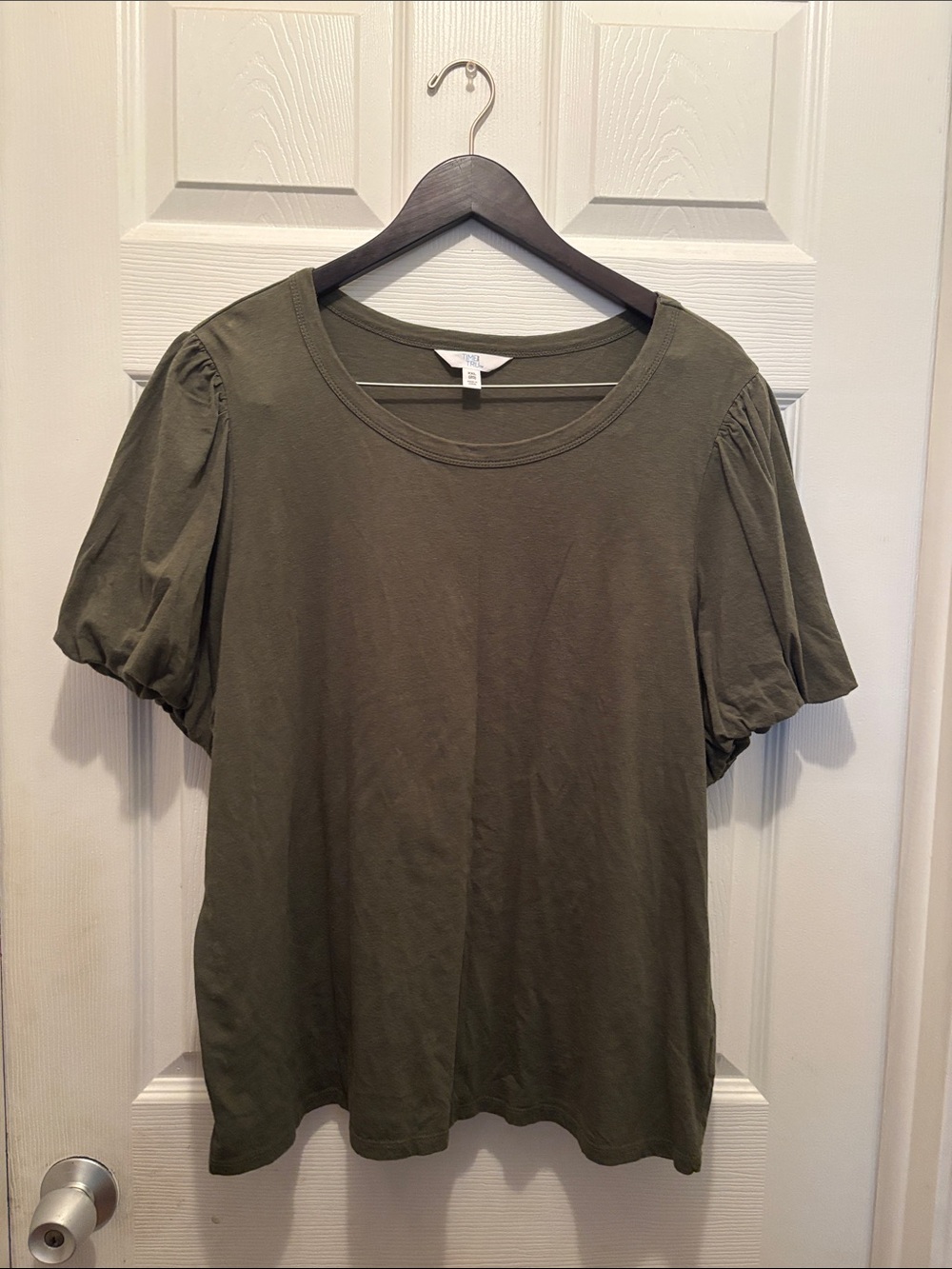 Time and Tru Olive Green Short Puff Sleeve Tee